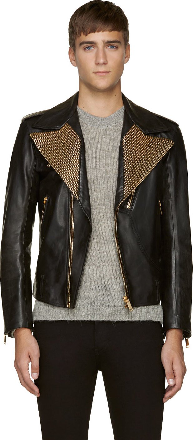 Alexander McQueen Black Leather Gold Zipper Lapel Biker Jacket