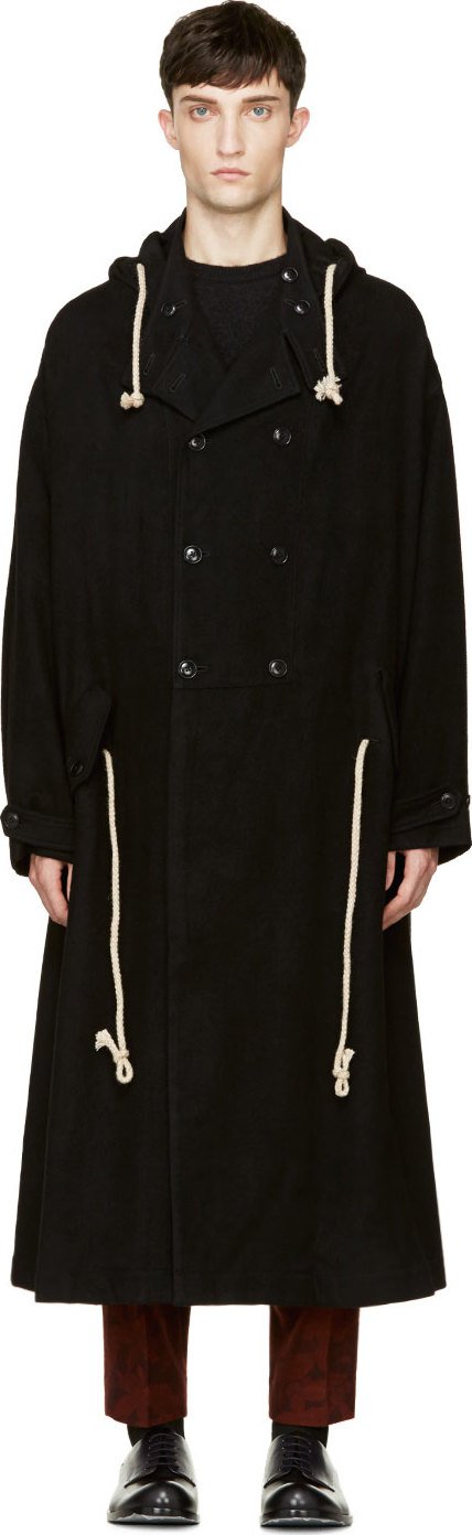 Yohji Yamamoto Black Flannel Wool Hooded Coat