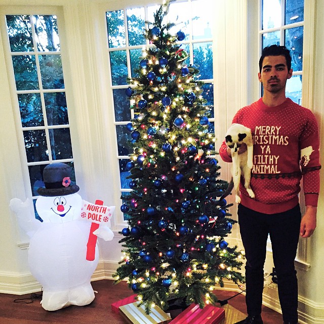 Singer turned style aficionado Joe Jonas celebrates the holidays with a new image posted to his personal Instagram. Posing next to his blue themed Christmas tree, Jonas gets in the holiday spirit, pairing his black jeans and sneakers with a Merry Christmas Ya Filthy Animal sweater. The ugly Christmas sweater is inspired by the classic holiday film Home Alone which starred Macaulay Culkin.