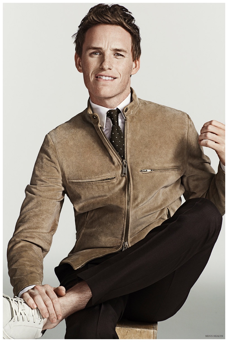 Eddie Redmayne trades out a blazer and sports a leather jacket from Todd Snyder.