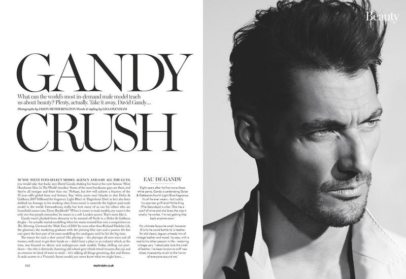 Marie Claire UK fuels a David Gandy obsession with a spread featuring the British model photographed by Jason Hetherington. Sharing his grooming and fitness trips with the magazine, David is styled by Lisa Oxenham.