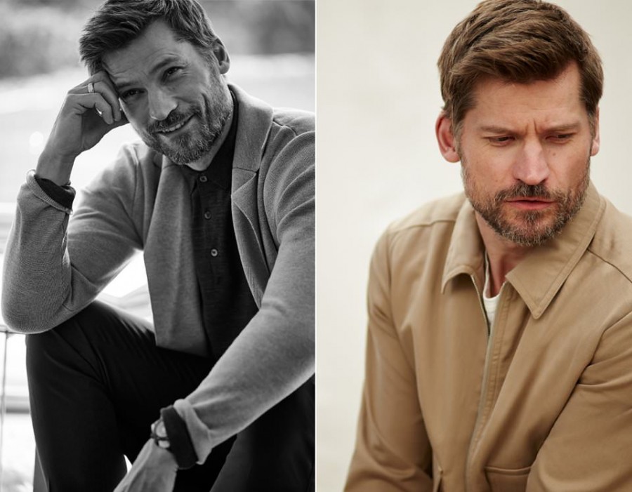 Left: Nikolaj Coster-Waldau wears wool cardigan Hardy Amies, polo shirt John Smedley and chinos Canali. Right: Nikolaj Coster-Waldau wears jacket Dries Van Noten.