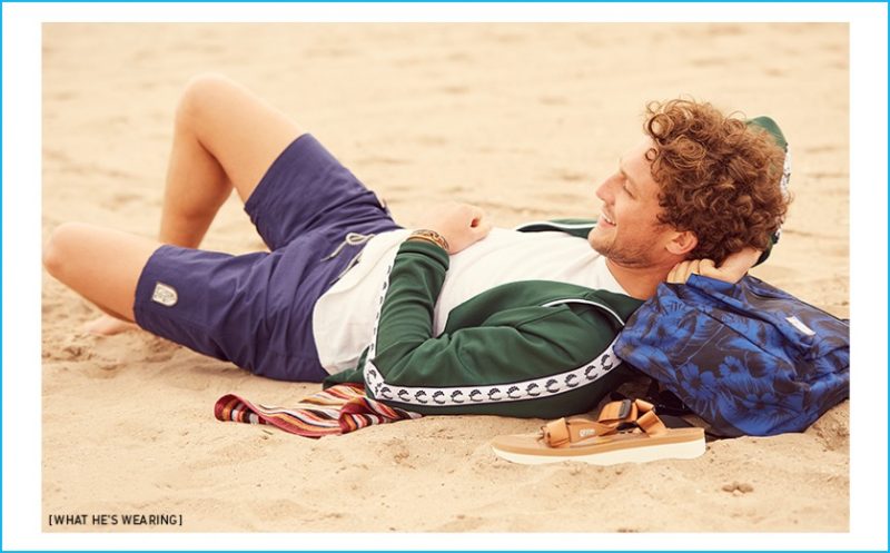 Ben Waddell charms in Katin swim trunks, Simon Miller tee, Fred Perry track jacket, Herschel Supply Co. backpack, Cause and Effect wrap bracelet, Caputo & Co. cuff and Suicoke sandals.