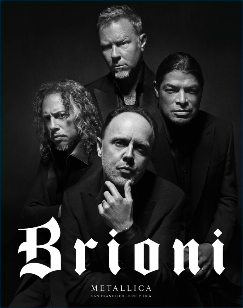 Metallica dons black suiting for Brioni's latest advertising campaign.