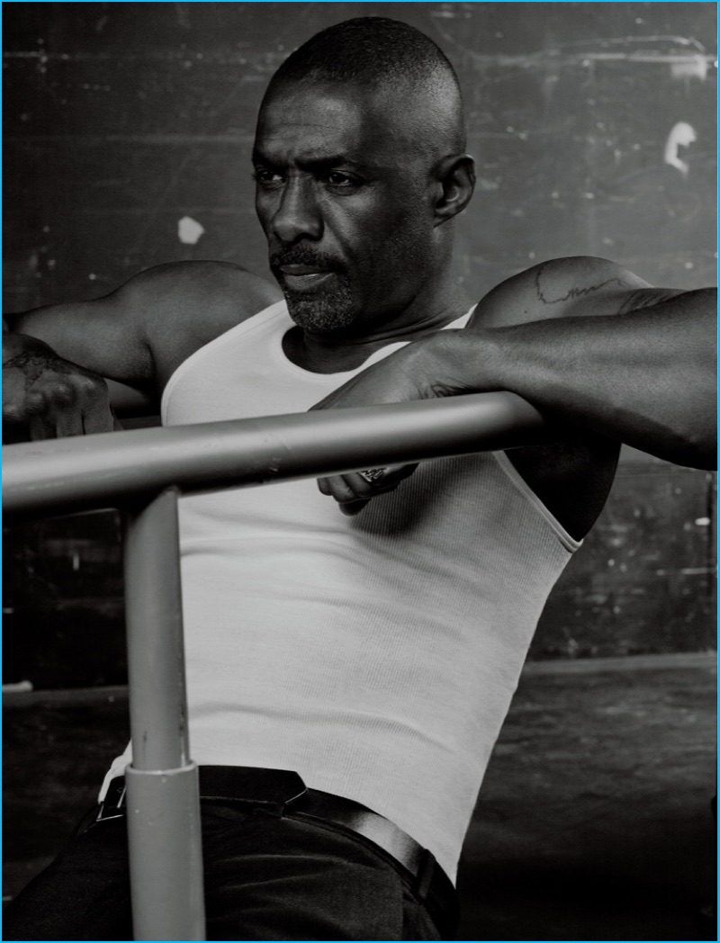 Photographed for Interview magazine, Idris Elba is pictured in a wifebeater.