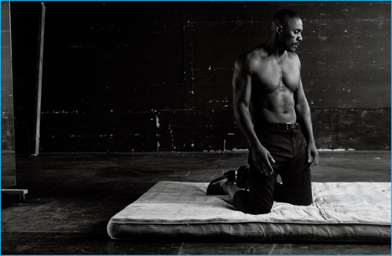 Idris Elba goes shirtless for a minimal photo, featured in Interview magazine.