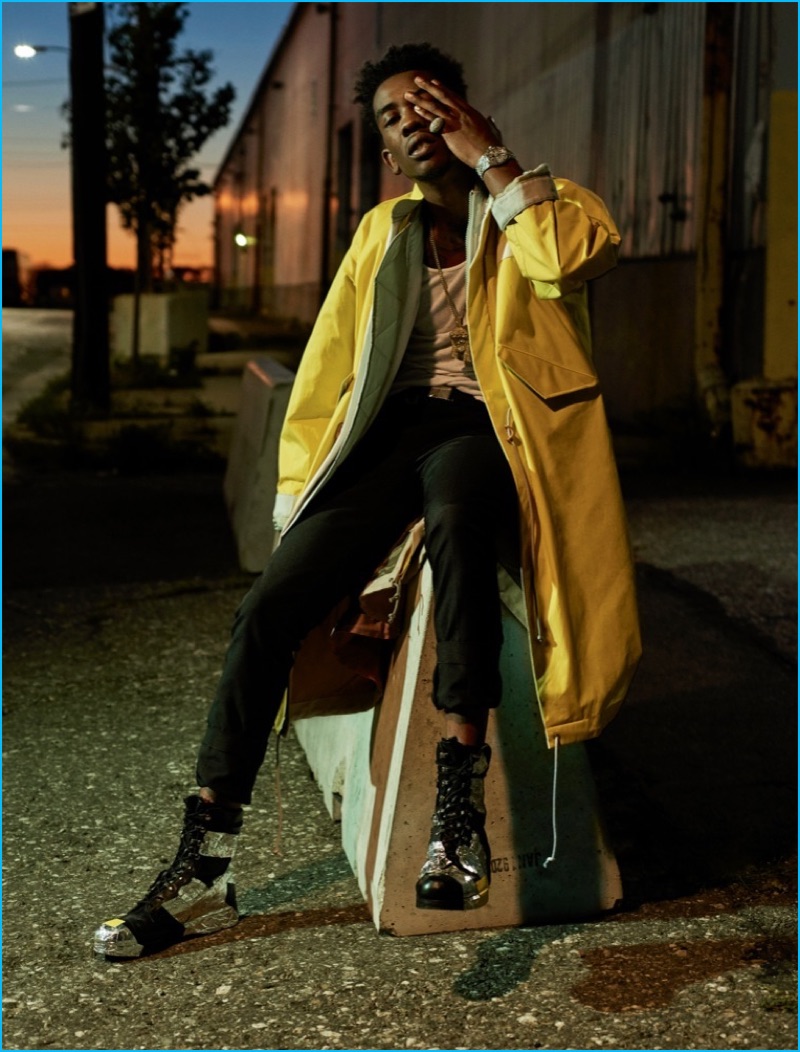 Bjarne Jonasson photographs Desiigner in a bold yellow Sacai jacket and black Diesel jeans for Interview magazine.