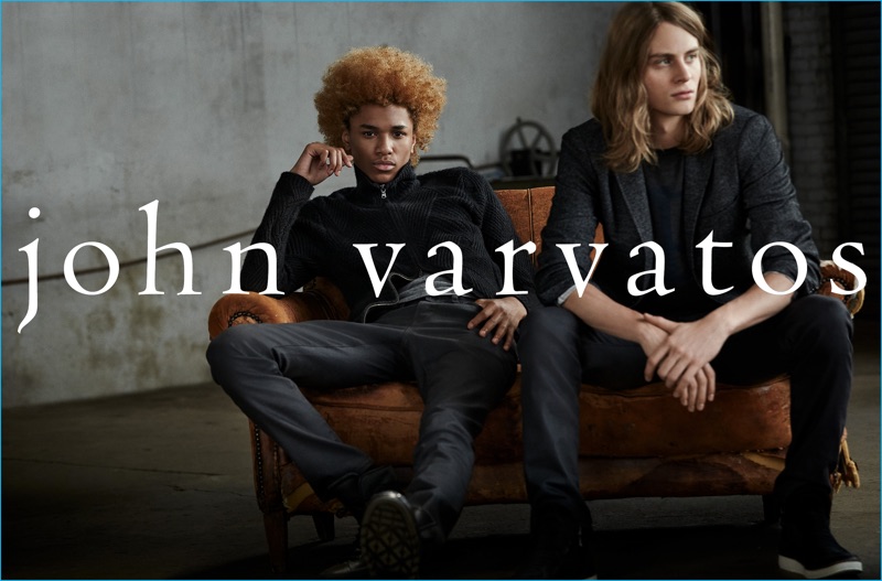 Michael Lockley and Nicola Wincenc relax in fall-winter 2016 fashions from John Varvatos.