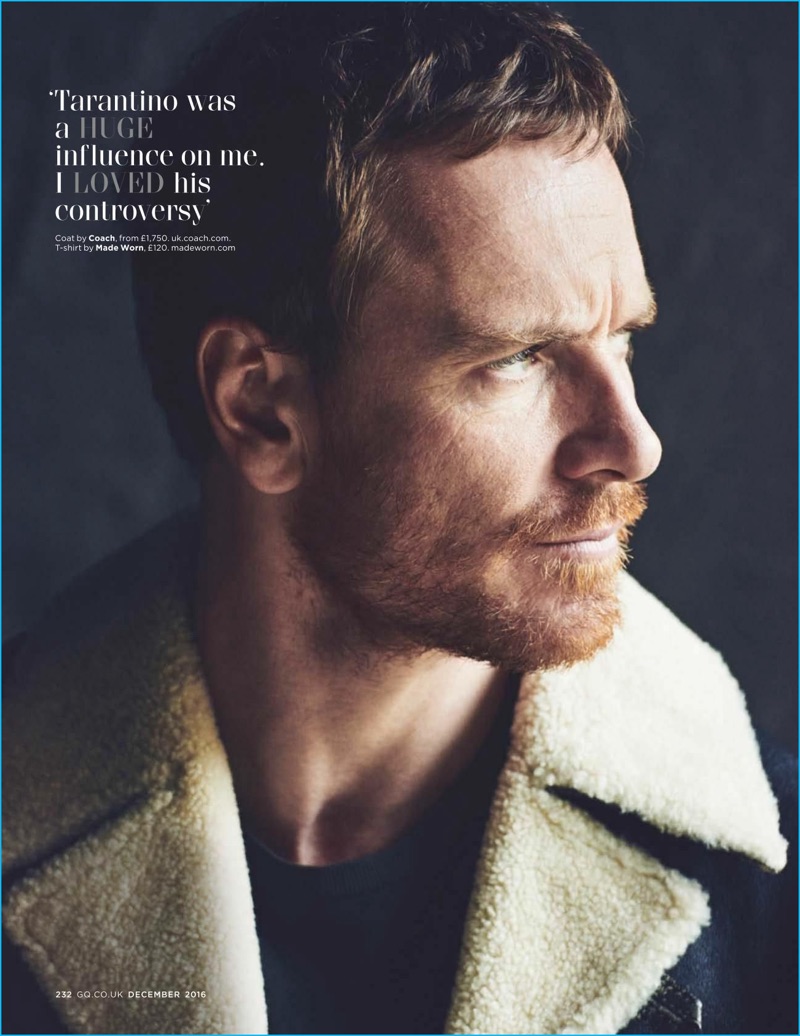 Matthew Brookes photographs Michael Fassbender in a Coach coat with a Made Worn t-shirt.