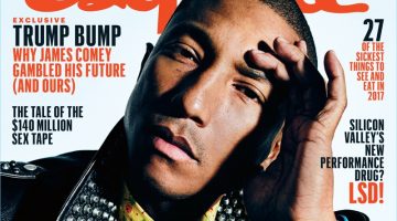 Pharrell rocks a Gucci leather biker jacket for the February 2017 cover of Esquire.