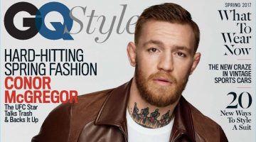 Conor McGregor covers the spring 2017 issue of GQ Style. McGregor sports a brown leather jacket by Neil Barrett with a shirt and belt by Dolce & Gabbana. The UFC star also wears Levi's jeans and a Breguet watch.