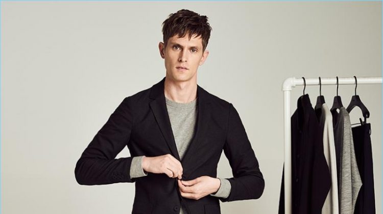 Theory's tech knit jacket is front and center as Mathias Lauridsen wears it with a sweatshirt and jogger pants.