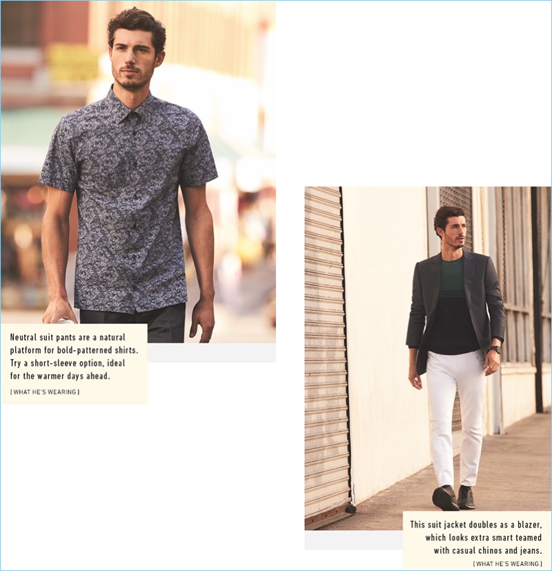 Left: David Kitz goes smart casual in a graphic short-sleeve shirt with pleated trousers by Z Zegna. Right: Kitz sports a blazer, white jeans, a sweater, and sneakers from Z Zegna.