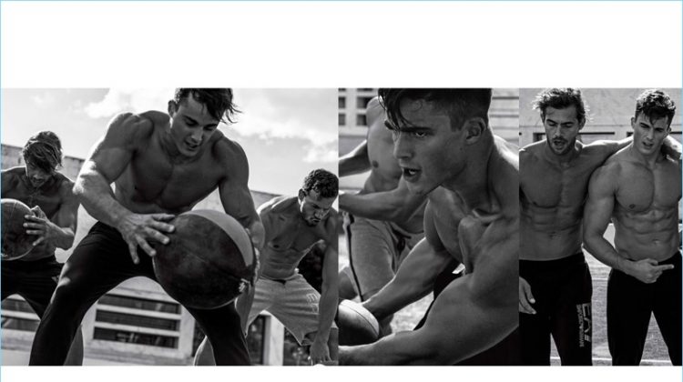 Pietro Boselli, Jacey Elthalion, and Michael Lewis work out with EA7 for spring-summer 2017.