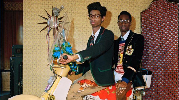 Models Keiron Caynes and Bakay Diaby come together for Gucci's pre-fall 2017 men's campaign.