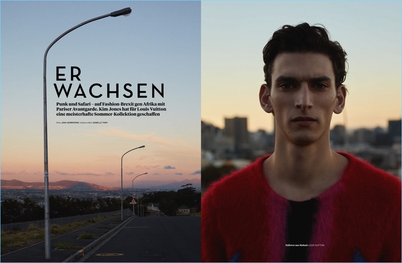 Starring in an editorial for L'Officiel Hommes Germany, Thibaud Charon wears a colorful Louis Vuitton sweater.