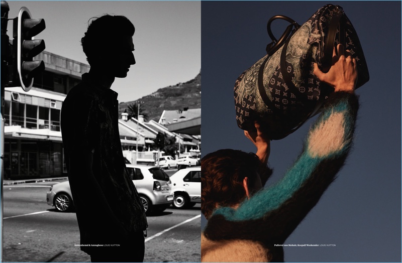 Sporting Louis Vuitton, Thibaud Charon graces the pages of L'Officiel Hommes Germany.