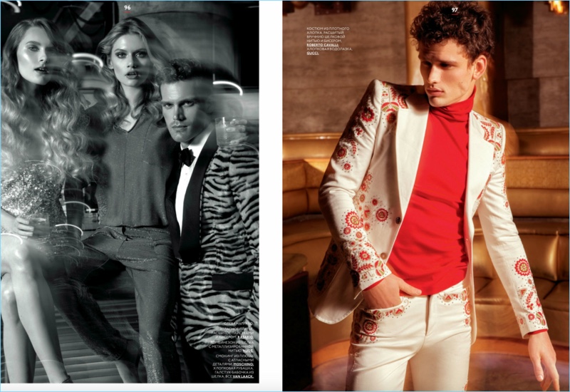 Left: Sean Harju dons a leopard print dinner jacket by Moschino. Right: Simon Nessman sports Roberto Cavalli and Gucci.