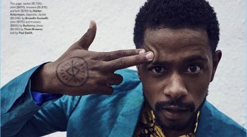 Lakeith Stanfield wears a shirt, jacket, belt, and trousers by Haider Ackermann.