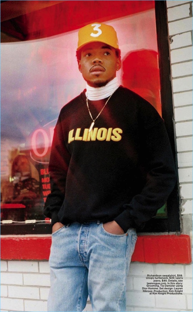 Going casual, Chance the Rapper sports a Richardson sweatshirt, UNIQLO turtleneck, and Levi's jeans.