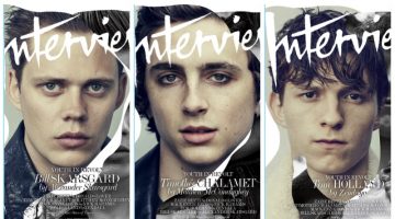 Actors Bill Skarsgård, Timothée Chalamet, and Tom Holland cover the June/July 2017 issue of Interview magazine.