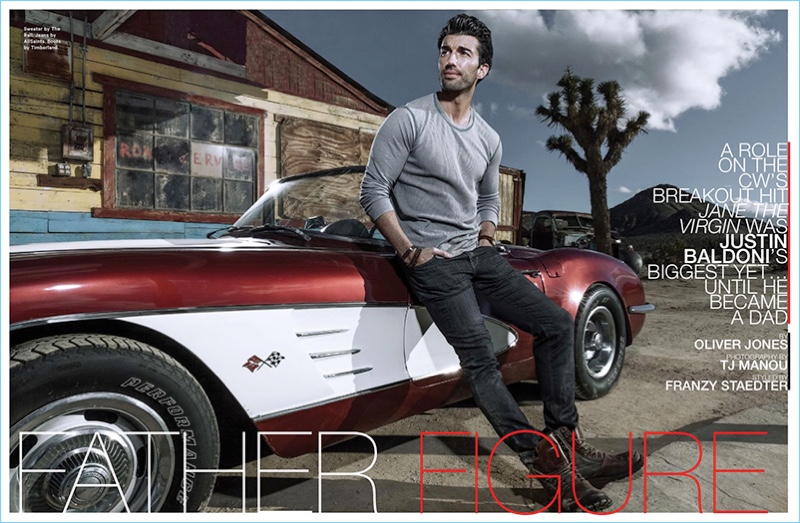 Justin Baldoni wears a sweater by The Rail with AllSaints jeans and Timberland boots.