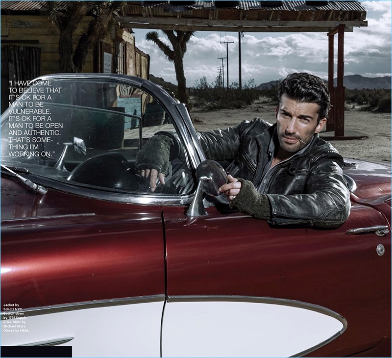 Posing in a vintage car, Justin Baldoni sports a Schott NYC leather jacket with a 1791 Supply & Co. shirt and H&M gloves.