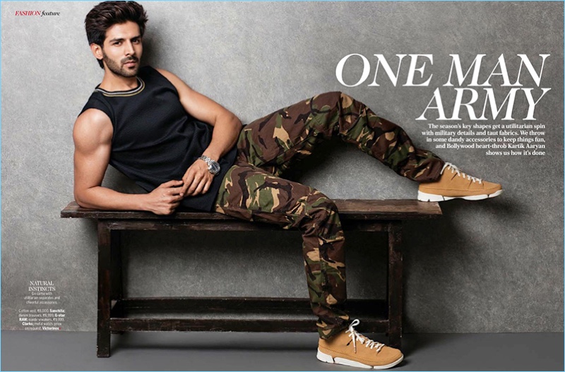 Sporting G-Star Raw camouflage pants, Kartik Aaryan also wears a Sanchita sleeveless top and Clarks sneakers.