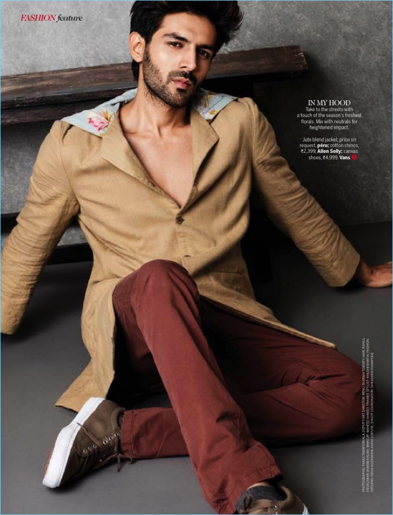 Actor Kartik Aaryan rocks a jacket by Péro with Allen Solly chinos, and Vans sneakers.