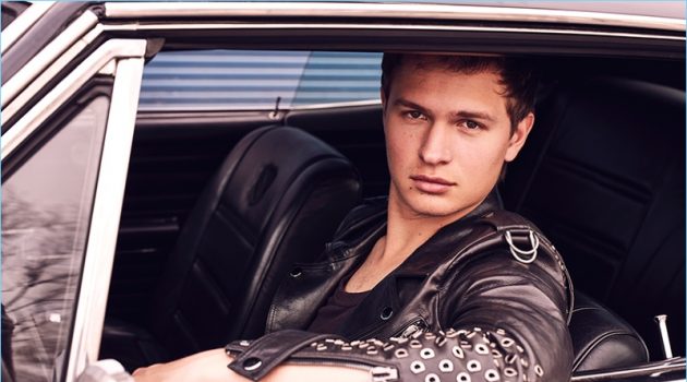 Actor Ansel Elgort wears a leather biker jacket from XB OFCL by Brandon Sun.