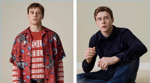 Left: Making a bold statement, George MacKay wears a Gucci space animals camp-collar shirt $1,050 and "Loved" sweater $980. He also sports Gucci distressed denim jeans $750 and a "GG" buckle belt $520. Right: Channeling a western flair, George MacKay wears a Ralph Lauren Purple Label suede shirt jacket $2,495. The actor also dons a Ralph Lauren Purple Label linen shirt $450 and Ermenegildo Zegna denim jeans $395.