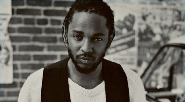 Front and center, Kendrick Lamar wears an Ann Demeulemeester vest with a Raf Simons sweater and Simon Miller jeans.