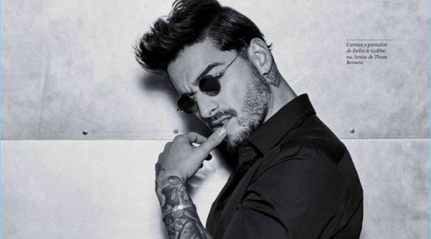 A cool vision, Maluma wears a Dolce & Gabbana shirt and trousers with Thom Browne sunglasses.