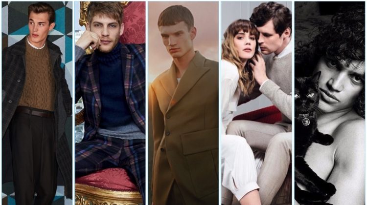 Men's fashion campaigns from Salvatore Ferragamo, Etro, Dirk Bikkembergs, Fratelli Rossetti, and Givenchy