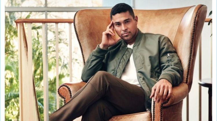 Actor Wilmer Valderrama tackles a sleek look in an AllSaints bomber jacket. Valderrama's ensemble also includes Marc Jacobs trousers and Saturdays NYC shoes.