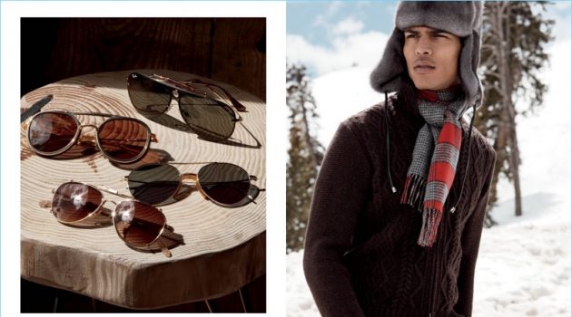 Left: Sunglasses from Ray-Ban, Dita, Eyevan 7285, and Garrett Leight: Right: Geron McKinley is a winter vision in Inis Meain, Pologeorgis, and Johnstons of Elgin.