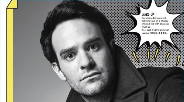 Actor Charlie Cox rocks a wool coat and sweater by BOSS.