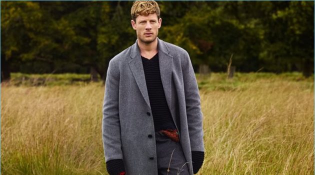 Embracing the oversize trend, James Norton wears an Acne Studios overcoat, Dries Van Noten trousers, and a Prada sweater.