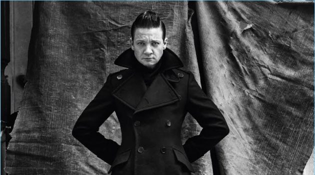 Embracing sharp fall tailoring, Jeremy Renner wears a look by Bottega Veneta.