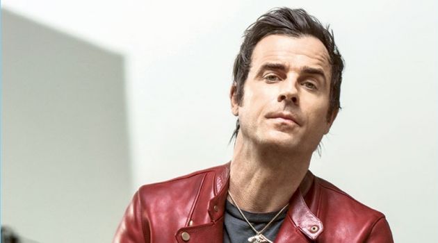 Making a statement in a red Layer-0 leather biker jacket, Justin Theroux also wears a vintage t-shirt and Nudie Jeans denim.