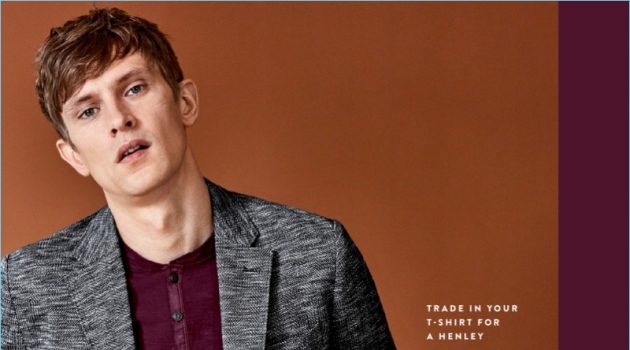 Nordstrom proposes a Good Man Brand henley $98 as an alternative to the t-shirt. Mathias Lauridsen also wears a Good Man Brand vintage herringbone knit blazer $298 and Levi's jeans $69.50.