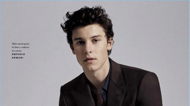 Connecting with GQ Italia, Shawn Mendes wears a sleek shirt and suit from Emporio Armani.