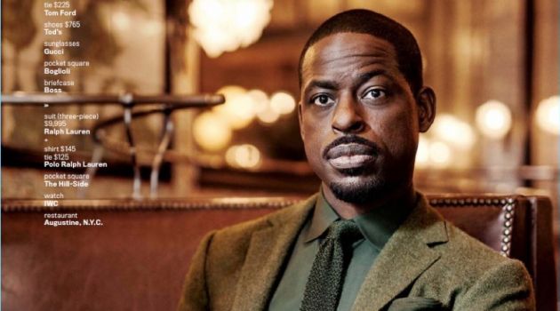 Embracing fall neutrals, Sterling K. Brown wears a sharp three-piece suit b Ralph Lauren. He also sports a shirt and tie by POLO Ralph Lauren.