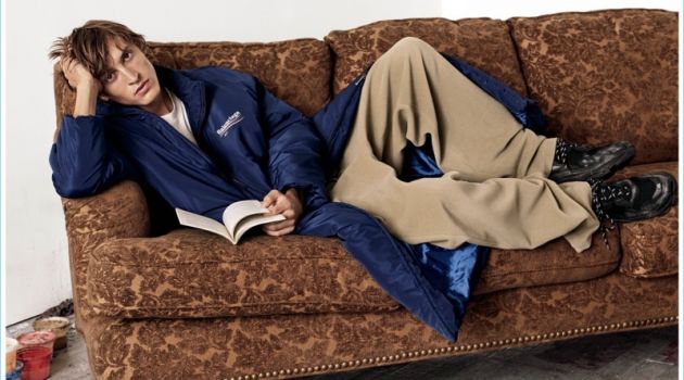 Serious Style: Tim Dibble lounges in a look from Balenciaga.