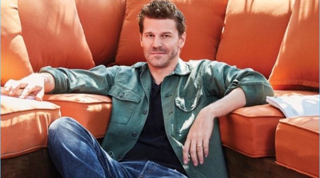 David Boreanaz wears a Dixxon flannel shirt with a t-shirt and jeans by RRL. Boreanaz also wears Role Club boots.