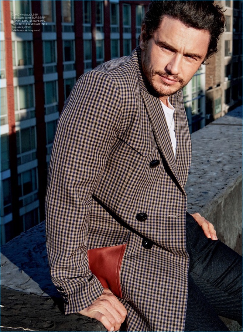 Linking up with ES magazine, James Franco wears a Coach check coat with a Burberry t-shirt and Stella McCartney trousers.