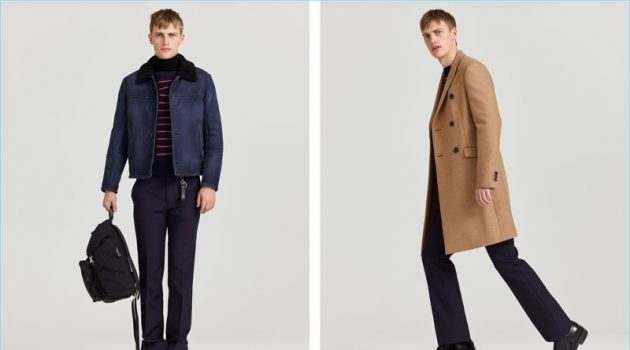 Left: Embracing smart casual style, Victor Nylander wears Prada. Right: He sports a double-breasted camel coat with a sweater and other pieces from the label.