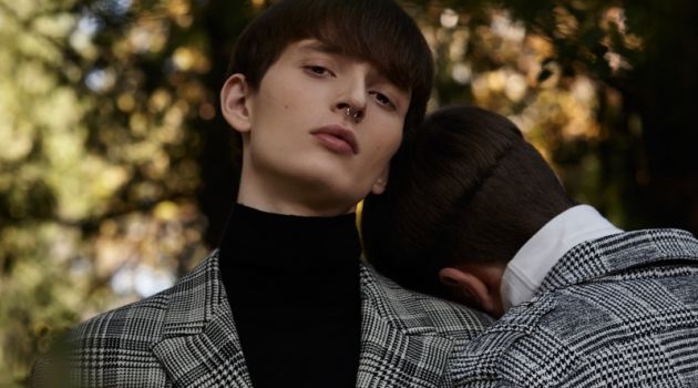 Left to Right: Gabriel Demaj wears check jacket Bikkembergs and vintage turtleneck. Andre Fernandez wears check jacket Christian Pellizzari and turtleneck Ermenegildo Zegna.