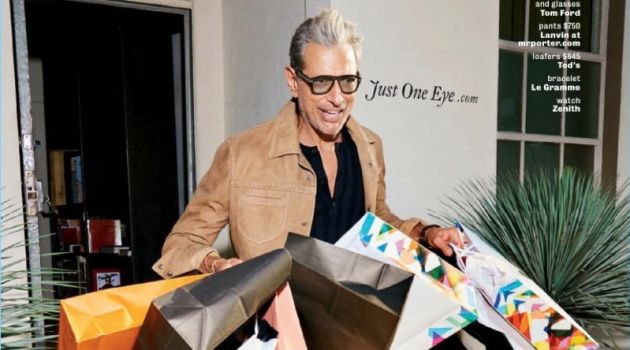 Shopping, Jeff Goldblum wears a Bottega Veneta jacket with a Tom Ford henley. Goldblum also dons Lanvin pants and Tod's loafers.