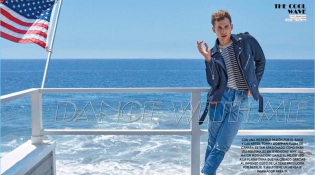 Tommy Dorfman wears a Diesel biker jacket with Barneys Cools jeans. He also sports a BDG striped tee with Vans sneakers.